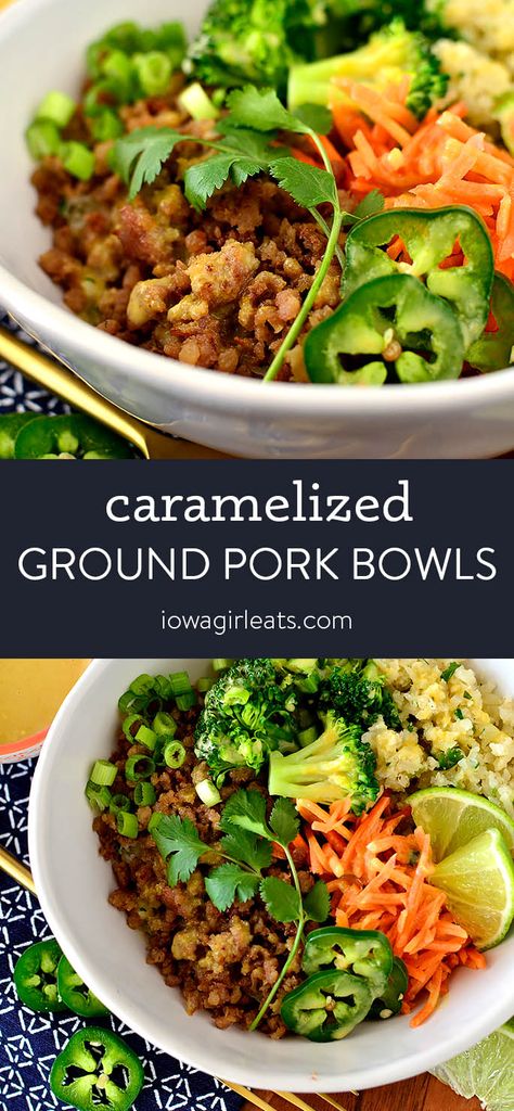 Iowagirleats Recipes, Ground Pork Bowls, Pork Bowl Recipe, Meat Bowl, Pork Bowls, Pork Bowl, White Rice Recipes, Vietnamese Pork, Clean Eating Guide