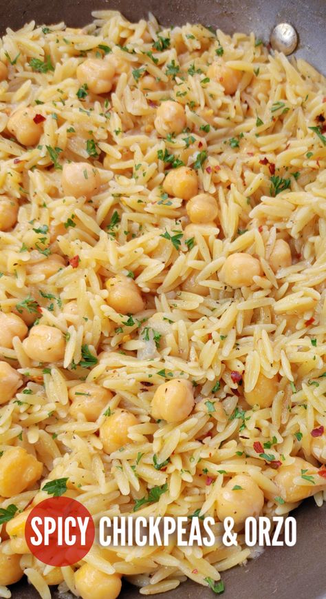 Spicy Chickpeas with Orzo! A Mediterranean inspired recipe with chickpeas (garbanzo beans), orzo and layers of spices and mild heat that doubles as the perfect side or a meatless main dish. Rice With Garbanzo Beans, Orzo Recipes Side, Chickpea Orzo, Recipe With Chickpeas, Bean Soups, Spicy Chickpeas, Garbanzo Bean Recipes, Garbanzo Beans Salad, Food Rice