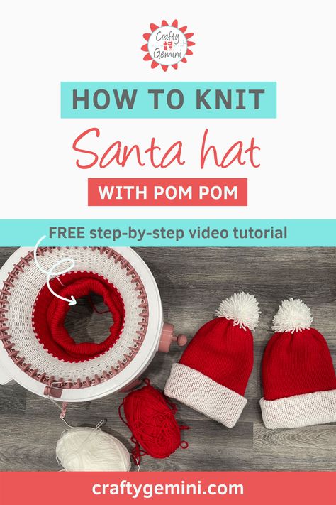 How to knit Santa hat with pom pom Knit Santa Hat Pattern, Knit Santa Hat, Hat Pattern Knit, Crochet Machine, Circle Loom, Santa Hat Pattern, Knitting Machine Tutorial, Crafty Gemini, Addi Knitting Machine