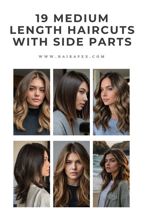 Fall in love with these 19 medium-length hairstyles with a side part. From polished office looks to relaxed waves, there's a style for everyone. #HairStyles #SidePartInspo Trendy Side Part Hairstyles, Layered Haircut With Side Part, Long Bob Haircuts Middle Part, Long Length Haircut Side Part, Middle Part Long Haircut, Layered Haircuts With Side Part, Long Bob With Side Part, Shoulder Length Side Part Hair, Medium Length Hair With Layers For Thick Hair