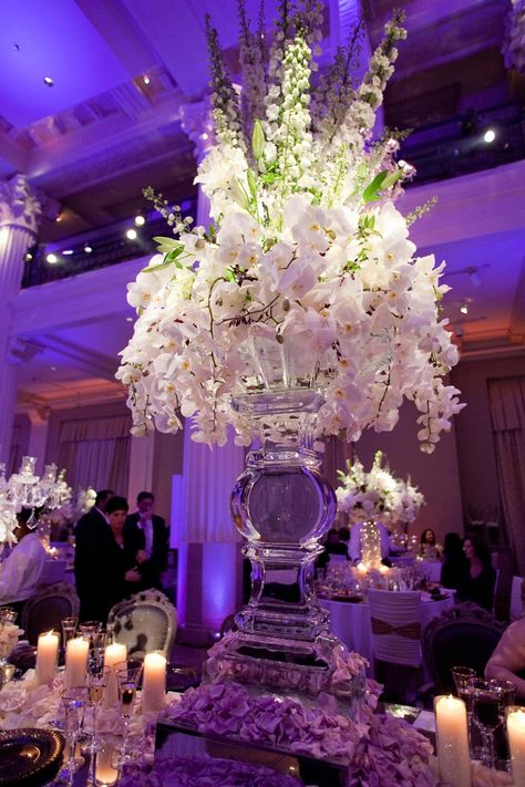 Event Tablescapes, Orchids Centerpiece, Ice Sculpture Wedding, Reception Florals, Stage Ideas, Male Wedding, Luxury Weddings Reception, Tall Wedding Centerpieces, Wedding Greenery