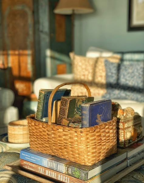 Books in a Basket Add Color, Texture, & Personality To Your Home Decorating With Old Books, Easy Coffee Table, Farmhouse Bookcase, Fox Hunt, Vintage Basket, Simple Coffee Table, Easy Coffee, Basket Case, Coffee Table Decor