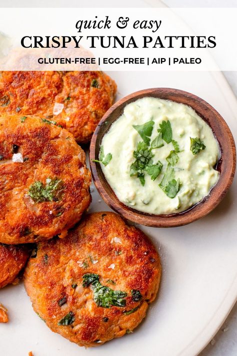 These easy Tuna Patties are tender inside, crispy outside and so flavorful. A crowd-pleasing snack, appetizer, or main for breakfast, lunch, or a quick dinner! #tunapatties #tunacakes #tunaburgers #tunafritters #glutenfreedairyfreerecipes #paleorecipes #aiprecipes #aipsnacks #paleosnacks #easysnacks #quicksnacks #easydinnerrecipes #aipbreakfast #healthydinnerideas #healthysnacks #quickdinnerrecipes #fingerfoods #appetizers #partyfoods #partysnacks #onthegobreakfast #breakfastideas Fingerfoods Appetizers, Tuna Patties Healthy, Tuna Patties Easy, Paleo Tuna, Tuna Patties Recipes, Aip Recipe, Aip Meals, Dinner Paleo, Thyroid Recipes