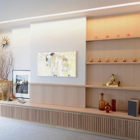 Alcove shelving and low storage Living Room installation in Marylebone. Oak in a 'raw' oil finish as used throughout the property. For more photos please take a look at our website www.mpfurniture.com. #bespokefurniture #Bespokejoinery #shelving #madeinlondon #interiordesign #storagesolutions #cabinetmakers #oak #furnitureworkshop Alcove Floating Cabinet, Floating Alcove Cabinet, Inset Wall Cubby, Oak Floating Shelves In Alcove, Oak Shelving Alcove, Millwork Wall, Alcove Shelving, Living Room Storage, Cabinet Makers