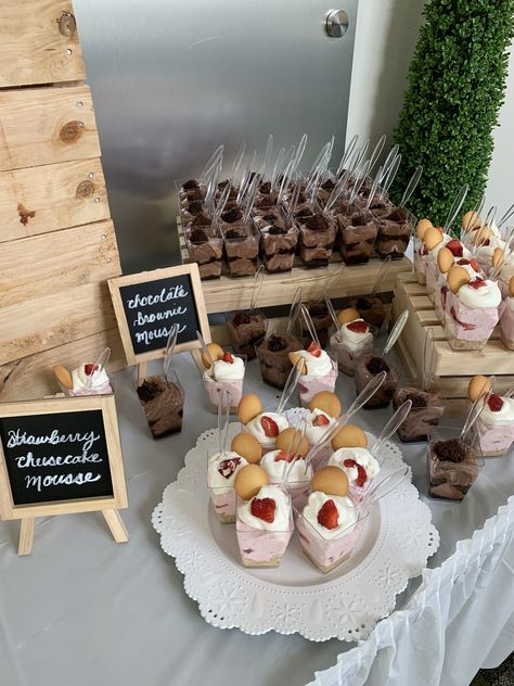 Chocolate brownie and strawberry cheesecake Dessert shooters Cheesecake Dessert Shooters, Brownie And Strawberry, Brownie Deserts, Strawberry Cheesecake Dessert, Bridal Shower Dessert, Desert Cups, Dessert Shooters, Cheesecake Brownie, Bridal Shower Desserts