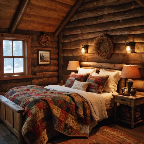 A cozy rustic cabin bedroom with log walls, a stone fireplace, and a quilt-covered bed, offering warmth and charm in a natural setting. #CabinBedroom #Rustic #LogWalls #StoneFireplace #CozyQuilt Cozy Log Cabin Bedroom, Log Cabin Bedroom Decor, Mountain Cabin Bedroom, Log Cabin Bedroom Ideas, Cabin Inspired Bedroom, Cabin Style Bedroom, Cozy Rustic Cabin, Cozy Cabin Bedrooms, Log Cabin Bedrooms