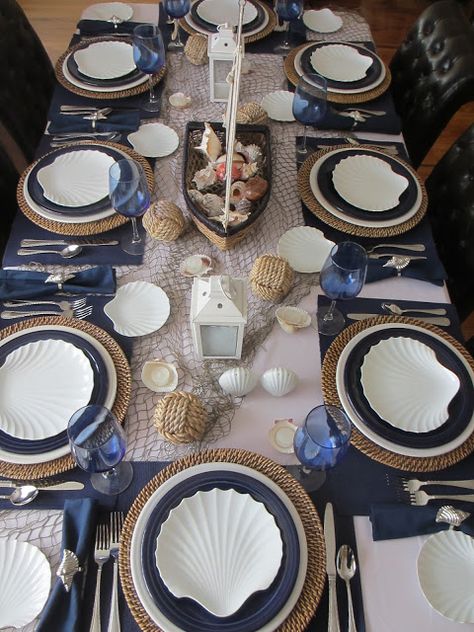 Coastal Dinnerware Sets, Coastal Wedding Tablescape, Sea Table Decor, Seaside Tablescape, Nautical Table Setting, Coastal Tablescapes, Beach Table Settings, Deco Marine, Nautical Table