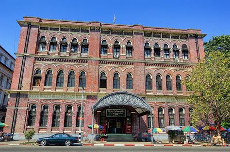 Rangoon General Post Office.  Colonial architectural design. Myanmar Architecture, Building Paintings, Landscape Building, General Post Office, Yangon Myanmar, Myanmar Travel, Inle Lake, Building Painting, Burma Myanmar