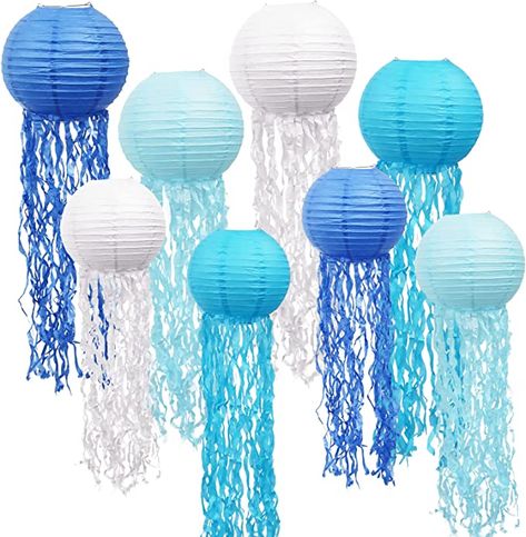 Jelly Fish Paper Lanterns, 8Pcs Blue White Hanging Paper Lanterns for Hawaiian Tropical Birthday Party Decorations, Wedding, Graduation, Home Decor (10”×4PCS + 8”×4PCS) Fish Decorations, Wish Lanterns, Fish Lanterns, White Paper Lanterns, Mermaid Party Supplies, Ocean Birthday Party, Paper Lantern Decor, Tropical Birthday Party, Ocean Mermaid