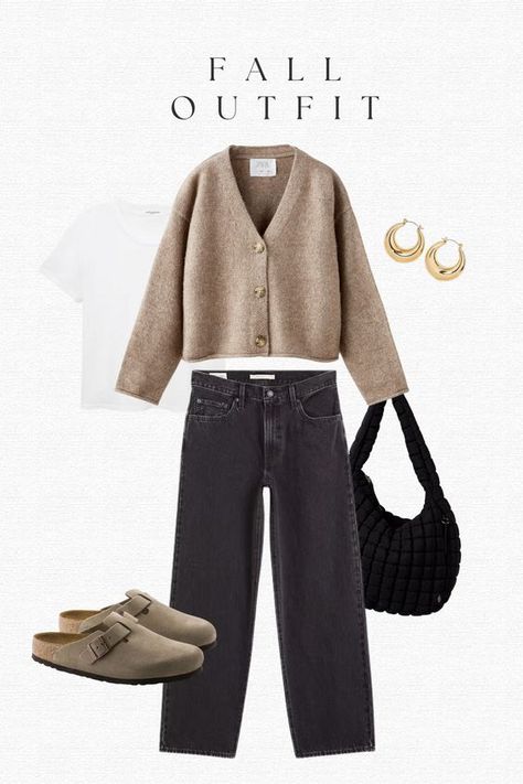 Women Outfit Inspo Aesthetic, Minimal Winter Wardrobe, Outdoor Fall Outfits Women, Jean And Cardigan Outfit, Mom Outfits Fall 2024, Mom Drop Off Outfit, Fall Outfit Collage, Europe Fall Fashion, Mules Outfit Fall