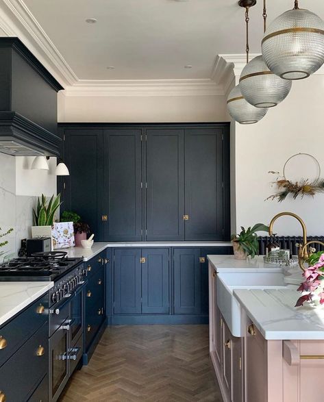 Pink And Blue Kitchen, Salmon Kitchen, Coving Ideas, Dead Salmon, Marble Worktop, Blue Kitchen Decor, Blue Kitchen, Luxury Homes Interior, Bespoke Kitchens