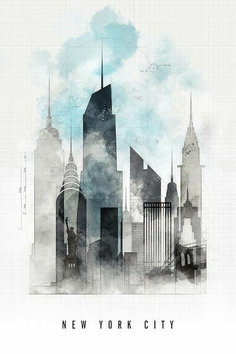 New York Drawing, New York Illustration, Skyline Painting, Art Optical, Watercolor Architecture, Skyline Art, New York Art, Architecture Illustration, Urban Sketching