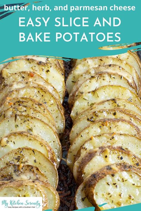 Baked sliced potatoes are incredibly easy. A simple, classic potato side dish recipe that you and your family will love.  Simply slice the potatoes, pour melted butter on top, add some herbs and parmesan cheese.  Bake in a cast iron skillet or casserole dish. Parmesan herb baked potatoes go with just about everything or make a meal out of them! Small batch recipe can easily be doubled or tripled for a large family. Butter Potatoes Oven, Potato Slices In Oven, Fast Potato Recipes, Buttered Potatoes Recipe, Potato Side Dishes Easy, Easy Baked Potato, Baked Potato Slices, Potato Side Dish, Potatoes In Oven