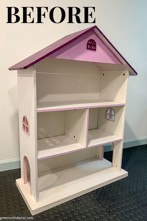 Dollhouse Bookcase Makeover, Doll House Book Case, Dollhouse Bookshelf Makeover, Dollhouse Bookshelf Diy, Doll House Makeover, Dollhouse Storage, Kids Furniture Makeover, Cute Bookshelf, Dollhouse Makeover