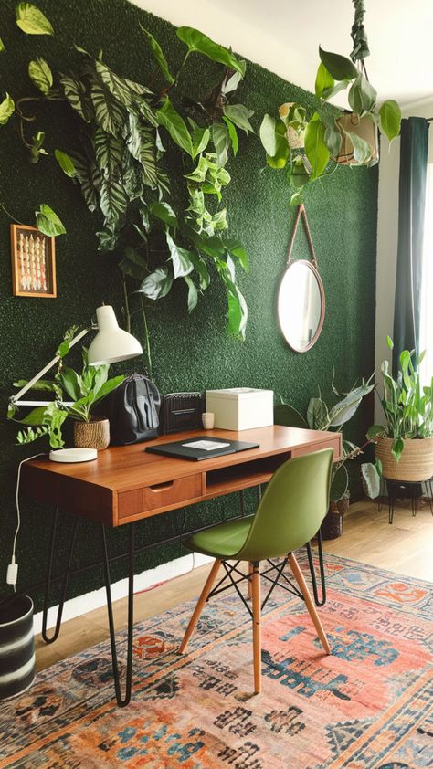 Add boho jungle vibes with lush plants, earthy textures, and jungle theme art for a serene, productive space. 🪴 Jungle wallpaper and safari decor can add a unique charm to your office! 🌱🌴 Let’s turn your home office into a creative oasis! 🖌️ Curious about the ultimate jungle theme transformation? 🌿🦁🖼️ #bohojungle #bohemianofficespace #bohoofficedecoratwork #modernbohoofficedecor #bohemianhomeoffice #junglehomedecor #earthyhome #jungleroomideas Caramel Walls, Earthy Home Office, Bohemian Office Space, Bohemian Home Office, Safari Decor, Rustic Home Offices, Home Office Design Ideas, Office Design Ideas, Cozy Office