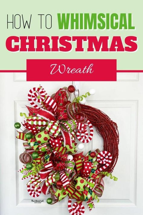 Whimsical Christmas Wreath Diy, Red And White Christmas Wreaths, Whimsical Christmas Wreath, Whimsical Christmas Decorations, Diy Grinch, Diy Grapevine Wreath, Homemade Christmas Wreaths, Grapevine Christmas, Grinch Stuff