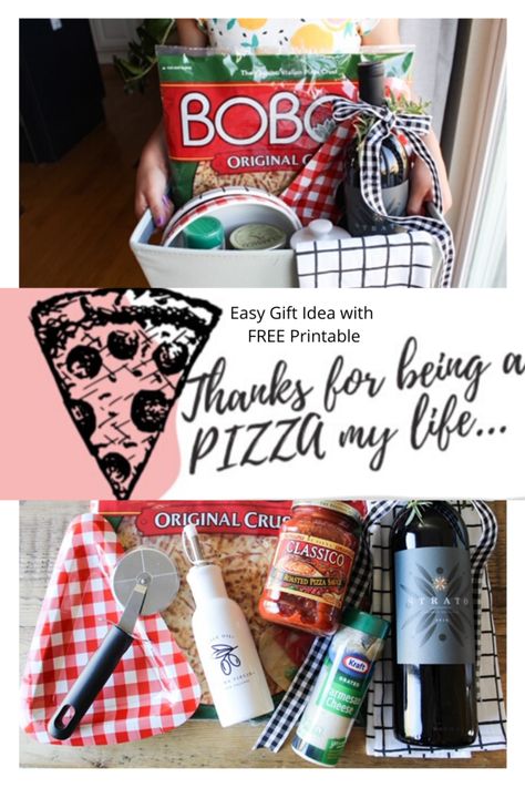 Cute and Easy Gift Ideas for Teacher, Gifts for Neighbors, Housewarming Gift Basket, Pizza Themed Gift Basket, Food Gifts for Everyone, Great gifts from Kids, Teacher Appreciation Gift, Christmas Gifts for Teachers, Italian Themed Gift Ideas #giftideas #foodgifts #teachergiftideas #housewarming #giftsforneighbors #holidaygiftbasketideas Pizza Gift Basket, Easy Gifts For Friends, Teacher Gift Basket, Fun Homemade Gifts, Pizza Christmas, Homemade Gift Baskets, Pizza Gifts, Christmas Gift Baskets Diy, Teacher Gift Baskets