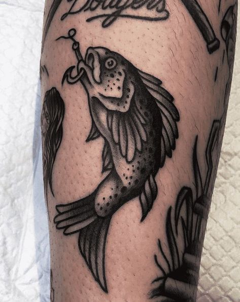 Traditional Black Ink Tattoo, Masculine Traditional Tattoos, Old School Fishing Tattoo, Traditional Fisherman Tattoo, Black And Grey Fish Tattoo, American Traditional Trout Tattoo, Traditional Trout Tattoo, Trout Tattoos For Men, Trout Tattoo Design