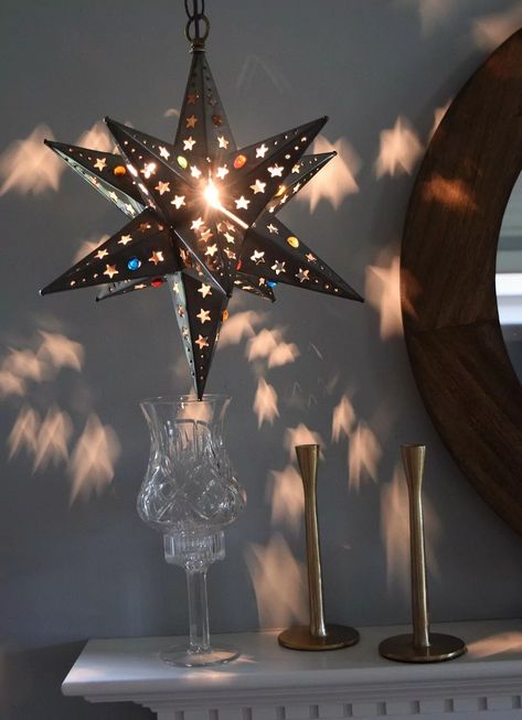 Mantel Star Cut Marbles Star Lights Bedroom, Mexican Tin Star, Starcore Aesthetic, Mexican Star Lights, Star Lamps, Tin Star Lights, Star Light Fixture, Moravian Star Light, Star Bedroom