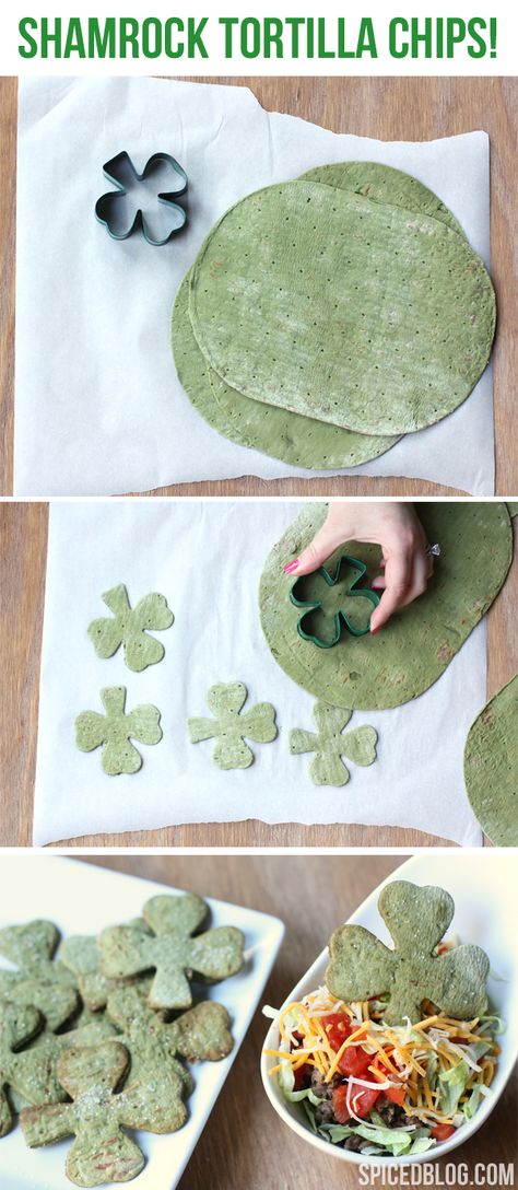 How to make Shamrock Tortilla Chips for St. Patrick's Day St Patty's Day Snacks, Reindeer Brownie, St Patricks Food, Fete Saint Patrick, St Patrick Day Treats, March Break, St Patricks Day Food, Irish Food, Tapas Recipes