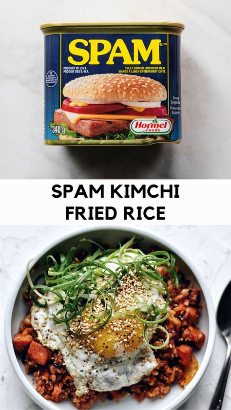 Canned spam and bowl of kimchi fried rice with spam and fried egg on top The Best Fried Rice, Best Fried Rice, Meat Chili, Fusion Dishes, Kimchi Fried Rice, Kimchi Recipe, Canned Meat, Japanese Recipes, 15 Minute Meals