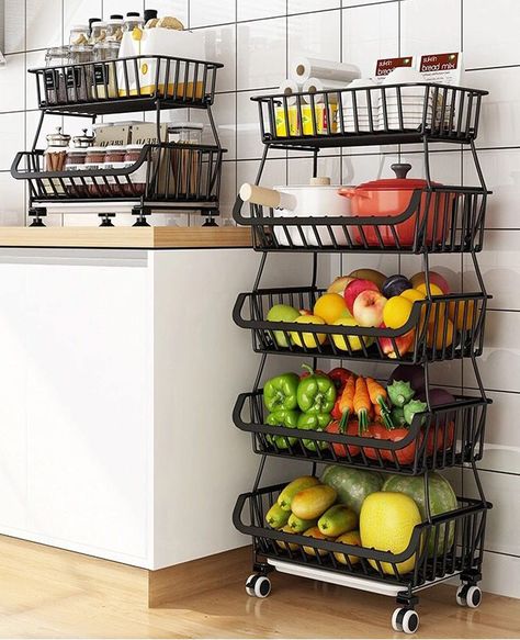 PRICES MAY VARY. Metal Frame with Wire Baskets Heavy Coated Stacking Metal Baskets with Wheels ,works as storage rolling cart, single basket on your counter, save your time and space ensures your kitchen more organized and tidy Heavy Coated Metal Storage Cart: This metal baskets organzier cart are made of strong steel wire with a durable rust-resistant finish, load-bearing capacity up to 150lbs 5 baskets can be used as separately or you can also freely combine them to make a storage shelf cart a Basket Pantry, Storage Bin Shelves, Organiser Cucina, Stackable Baskets, Tiered Fruit Basket, Pantry Organizer, Produce Storage, Wire Basket Storage, Fruit And Vegetable Storage