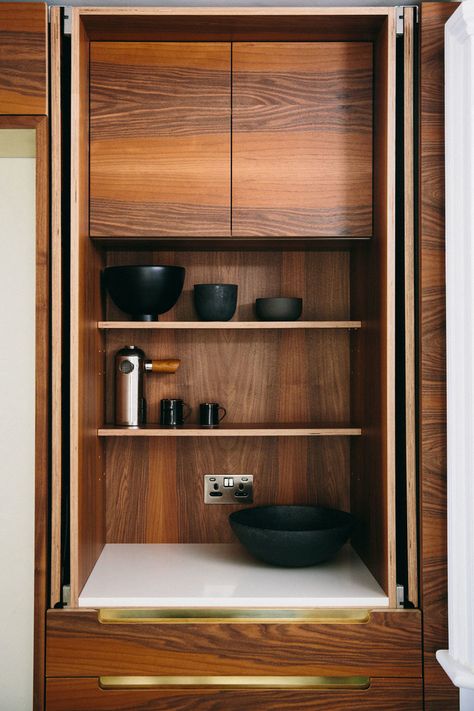 Walnut Cupboards, Mini Bar Ideas Small Spaces, Mini Bar At Home, Brixton London, Home Bar Cabinet, Plywood Kitchen, Bespoke Kitchen Design, Dream Closet Design, Kitchen Cupboard Doors