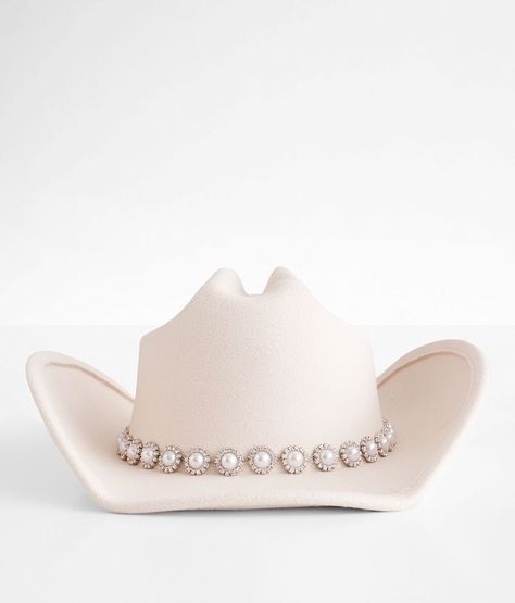 Faux Pearl Cowboy Hat - Cream , Women's Ivory Glitz structured hat Interior cinch tie band 3 1/2 brim One size fits most. 90% Polyester 10% Alloy. Machine wash cold. Do not bleach. Do not tumble dry. Cool iron. Do not dry clean. Apparel & Accessories > Clothing Accessories > Hats Cream Cowgirl Hat, Cowgirl Hat Decor, Bride Cowgirl Hat Bachelorette, White Bedazzled Cowboy Hat, Pearl Cowboy Hat, Cowboy Concert Outfits For Women, Bling Cowboy Hat, Cowboy Hat Accessories, Women’s Cowboy Hats