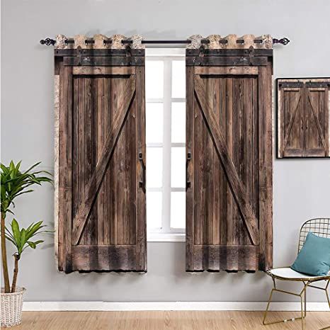 Rustic Printed Blackout Shades for Bedroom, Curtains 84 inch Length Wooden barn Door Image Soundproof Shade W108 x L84 Inch Rideaux Boho, Barn Door Window, Countryside Fashion, Door Texture, Wooden Barn Doors, Window Curtains Bedroom, Curtain For Door Window, Wood Curtain, Stone Farmhouse