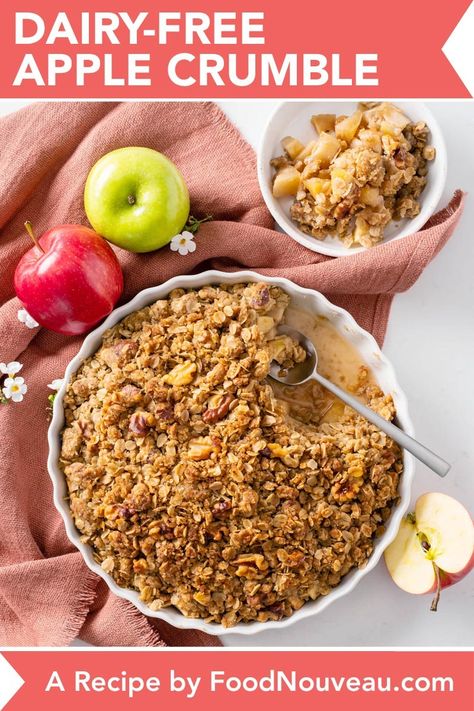 Dairy Free Apple Crumble | Food Nouveau  This Dairy-Free Apple Crumble delivers everything this  quintessential fall dessert should – delightfully sweet aromas, super  crunchy topping, jammy apples–without the need for any butter. Great for entertaining!  #applerecipe #dairyfreedessert #applecrumble #foodnouveau Gluten Free Peach Crisp, Greek Yogurt Flavors, Easy Apple Crisp Recipe, Apple Crumble Recipe, Oat Crumble, Crumble Recipe, Apple Crisp Recipes, Dairy Free Dessert, Crisp Recipe