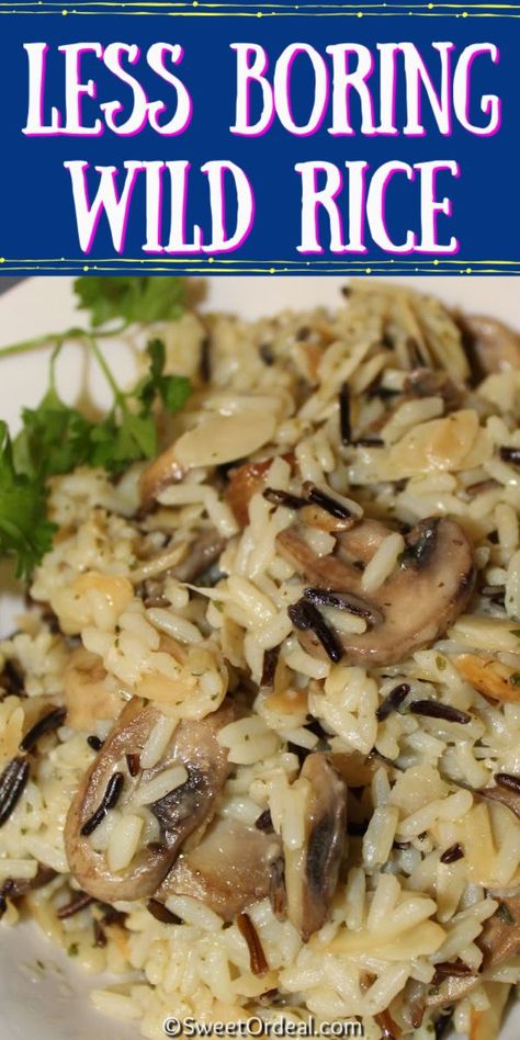 The simplicity of boxed rice with the added sauteed mushrooms and almonds. Wild Rice Recipes Side Dishes, Rice Recipes Side, Wild Rice Recipes, White Rice Recipes, Wild Rice Casserole, Rice Side Dish Recipes, Cooking Wild Rice, Vegan Potato Salads, Rice Side