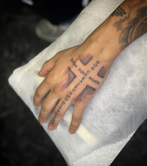 Meaningful Mens Tattoos Sleeves, Hand Tattoos For Guys Cross, Crosses On Hand Tattoo, God Created You Different Know Your Worth Hand Tattoo, Small Nice Tattoos For Men, Word Tattoos For Men Hand, Hand Word Tattoos For Guys, Hand Tattoos For Guys Meaningful, Cross On Hand Tattoo For Men