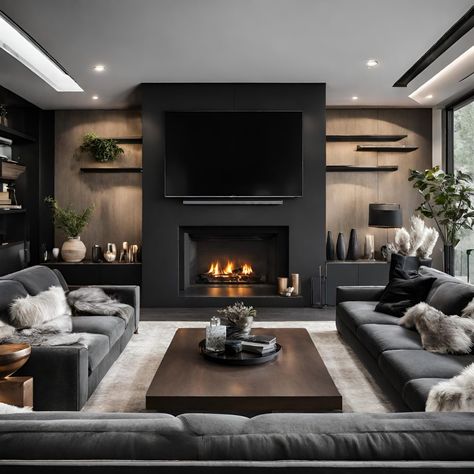 9 Elegant Tips for a Modern Fireplace TV wall - Roxanna Jaye Contemporary Fireplace Tv Wall, Modern Gas Fireplaces Ideas, Moody Tv Wall, Space Next To Fireplace Ideas, Modern Chimney Ideas, Fire Places Ideas Living Room Modern, Modern Fireplace With Tv, Fireplace Tv Wall Modern, Chimney Wall Ideas