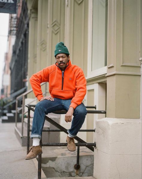 Mustard Beanie Outfit, Orange Jacket Outfit Men, Dad Fits, Dapper Dudes, Orange Outfit, Street Fashion Men Streetwear, Guys Clothing Styles, Moustaches, Mens Outfit Inspiration