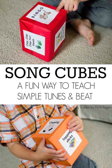 Music with Kids: Song Cubes and Finding the Beat., A super fun way to learn rhythm, beat, and simple tunes for toddlers, preschoolers, pre-k, and kindergarten kids at home or school. Includes free printable too! Learning Piano, Kindergarten Music, Pre K Pages, Kids Song, Preschool Circle Time, Preschool Music, Music Crafts, Preschool Songs, Music And Movement