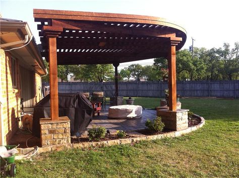 Fan Shaped Pergola Ideas, Pergola Over Round Patio, Curved Patio With Pergola, Round Pergola, Rounded Pergola Ideas, Half Circle Pergola, Half Round Pergola, Pergola Over Curved Patio, Curved Pergola