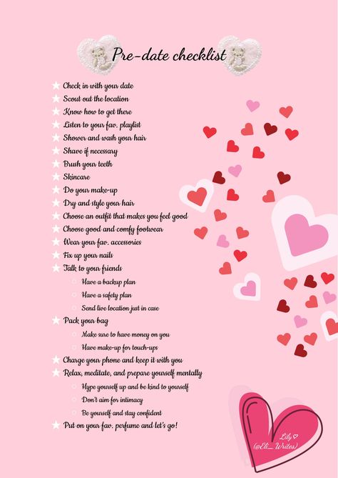 First Date Checklist, Get Ready For Date Night Tips, What To Do On First Date, How To Get Ready For A Date, Dating Standards List, First Date Tips For Teens, First Date Ideas For New Couples, Cute First Date Ideas, Date Checklist