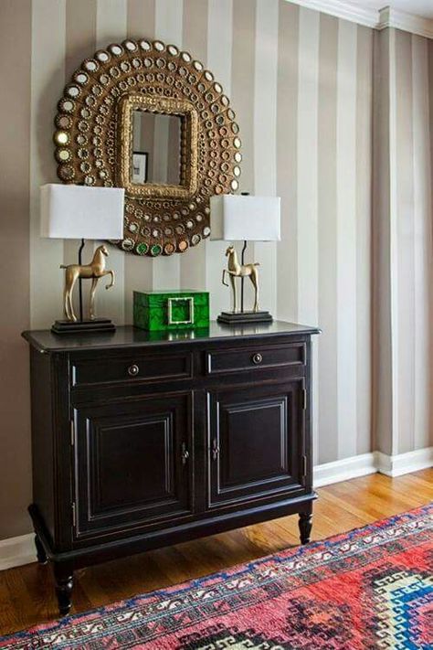 Striped Walls Vertical, Gray Striped Walls, Peacock Mirror, Entryway Cabinet, Small Entryways, Striped Walls, Chic Interior, Black Cabinets, Striped Wallpaper