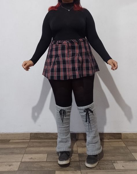 Plus size mid size outfit tartan skirt leg warmers lacey Plus Size Leg Warmers, Plus Size Leg Warmers Outfit, Outfits With Leg Warmers, Skirt Leg Warmers, Thigh High Socks Outfit, High Socks Outfits, Mid Size Outfits, Leg Warmers Outfit, Knitted Leg Warmers