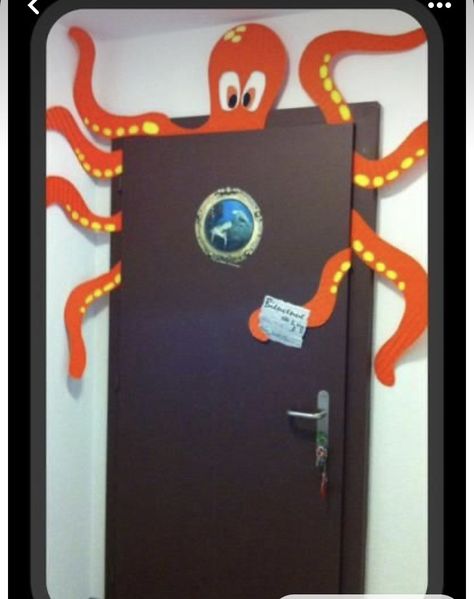 Octopus Door Decorations Classroom, Underwater Theme Classroom Decoration, Jellyfish Door Decoration, Finding Nemo Classroom Ideas, Octopus Door Decoration, Under The Sea Preschool Theme Classroom, Underwater Door Decorations, How To Make An Octopus, Bathroom Door Decor Ideas