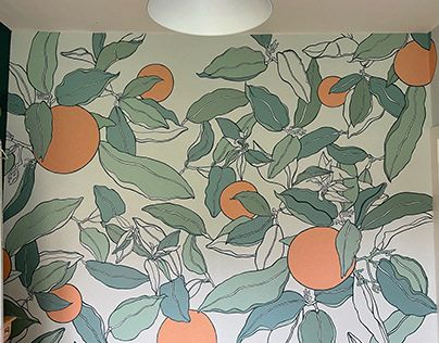 Orange Tree Mural, Orange Mural, Fruit Mural, Florida Airbnb, Door Mural, Tree Mural, Orange Grove, Mural Ideas, Door Murals