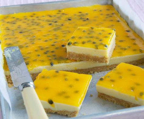 Lemon and passionfruit slice Passionfruit Slice, Passionfruit Recipes, Slice Recipe, Slices Recipes, Lemon Bars, Thermomix Recipes, Lemon Recipes, Food Cakes, Sweets Desserts