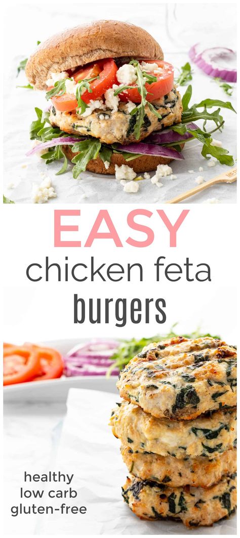 Chicken Burgers With Feta, Chicken Burger Recipe Healthy, Chicken Burgers Healthy, Healthy Ground Chicken, Feta Burgers, Perfect Burger Recipe, Healthy Bbq Recipes, Spinach Feta Chicken, Chicken Patty Recipes