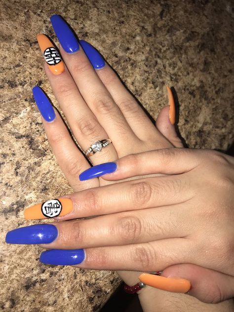 Dragon Ball Z inspired nails Dragon Ball X Nails, Dragonball Z Nails, Dragonball Nails, Dragon Ball Z Nail Art, Goku Nails, Dbz Nails, Dragon Ball Nails, Dragon Ball Z Nails, Anime Nail