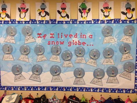 January bulletin board from my classroom - "If I lived in a Snow Globe" Snowglobe Bulletin Board Ideas, January Bulletin Board Ideas, Snowman Bulletin Board, Seasonal Bulletin Boards, Work Bulletin Boards, January Bulletin Boards, Perfect Classroom, Learning Corner, Winter Bulletin Boards