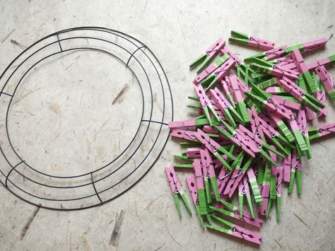 Clothespin Watermelon Wreath | A.I.Friedman's Blog June Decorations, Acorn Ideas, Clothespin Wreaths, Metal Wreath Ring, Watermelon Diy, Light Green Paint, Watermelon Wreath, Wooden Clothespin Crafts, Clothespin Wreath