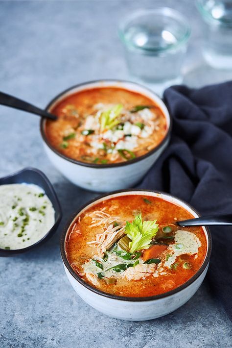 Paleo Instant Pot Buffalo Chicken Soup {Keto, Whole30} w/ Stovetop and Slow Cooker Options - Tasty Yummies Chicken Soup Instant Pot, Chicken Soup Keto, Sweet Potato Sliders, Paleo Buffalo Chicken, Paleo Instant Pot, Instant Pot Buffalo Chicken, Soup Keto, Buffalo Chicken Soup, Loaded Sweet Potato