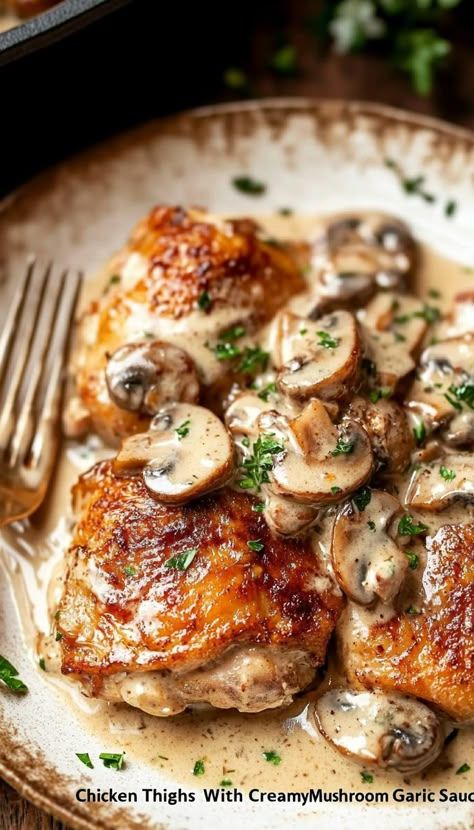 A flavorful one-pan meal that’s easy to prepare! This Chicken Thighs With Creamy Mushroom Garlic Sauce recipe delivers juicy chicken and a creamy, garlicky sauce that pairs beautifully with rice or pasta! 🍽️✨ Mushroom Garlic, Chicken Thighs Dinner, Creamy Mushroom Chicken, Mushroom Recipes Pasta, Chicken Bowl Recipe, Garlic Sauce Recipe, Chicken Mushroom Recipes, Creamy Recipes, Creamy Mushroom Sauce