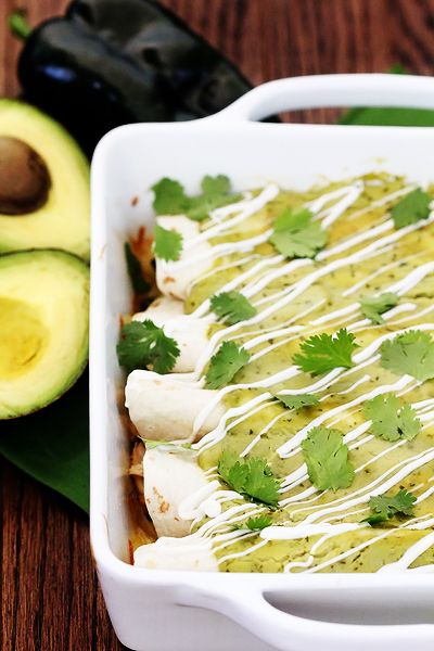 Chicken & Avocado Enchiladas Chicken Avocado Enchiladas, Avocado Enchiladas, Avocado Cream, Gimme Some Oven, Enchilada Recipes, Chicken Avocado, Cream Sauce, Yum Yum Chicken, Main Dish Recipes