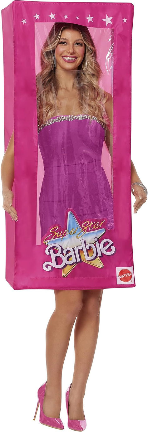 100% Polyester Officially licensed Includes Barbie box costume, poles, and corner connectors Polyester, plastic One size fits most Imported Barbie Box Costume, Barbie Doll Box, Boxing Halloween Costume, Life Size Barbie, Cardboard Costume, Barbie Halloween Costume, Popular Costumes, Box Costumes, Barbie Box